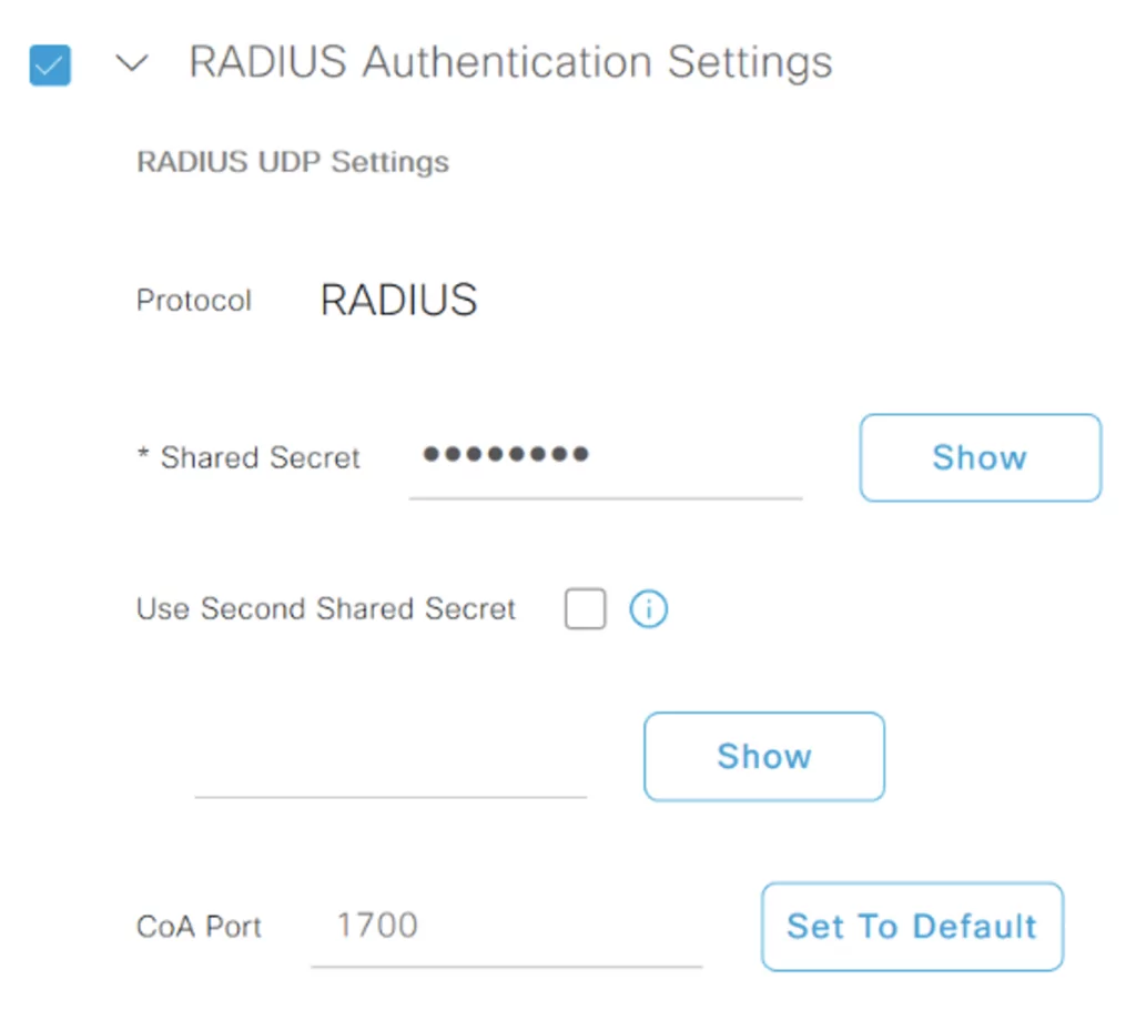 Radius authentication settings