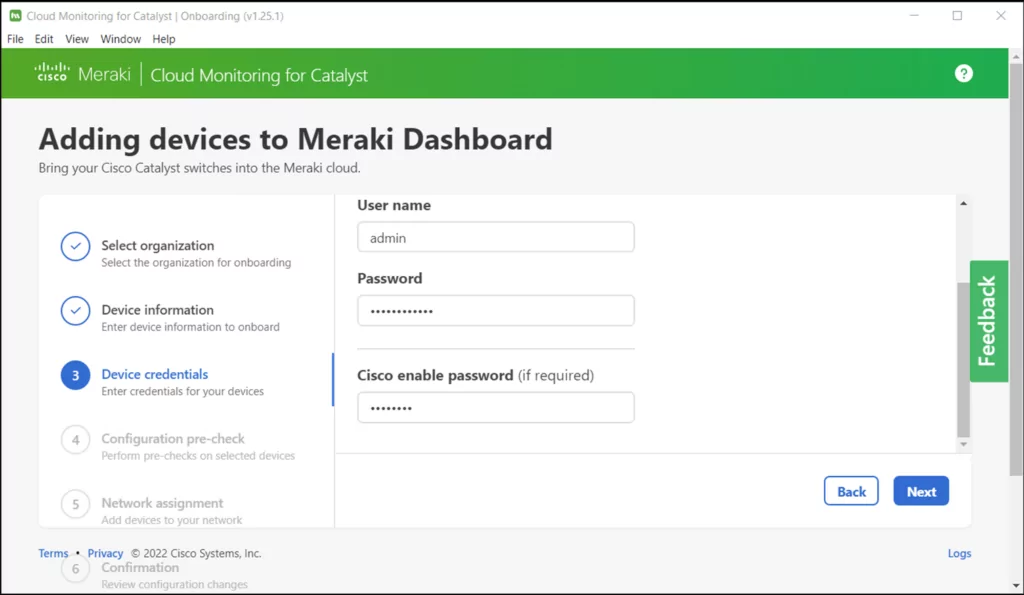 Meraki Dashboard - Cisco switch onboarding - credentials by Grandmetric