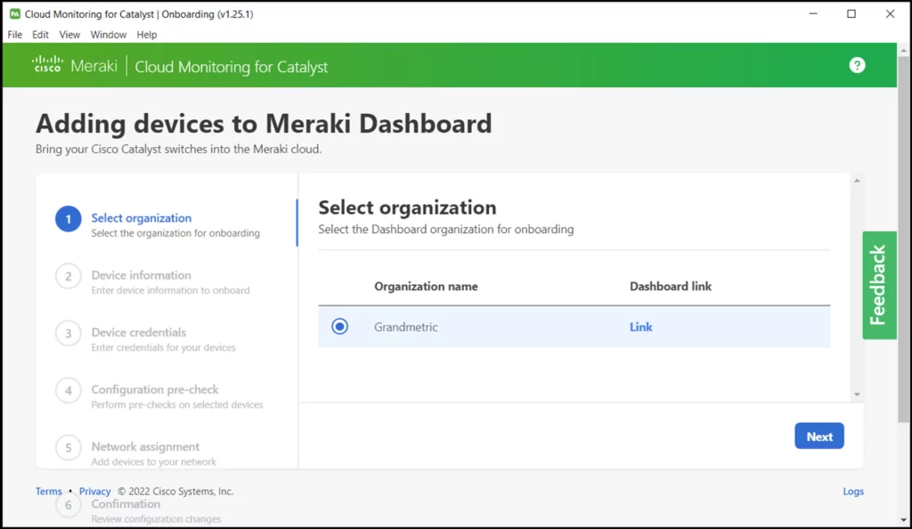 Meraki Dashboard - Cisco switch onboarding - organization selection by Grandmetric