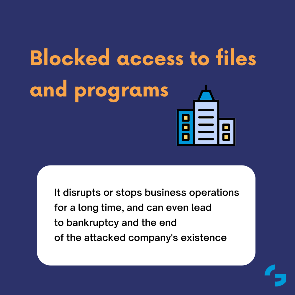 It disrupts or stops business operations for a long time, and can even lead to bankruptcy and the end of the attacked company's existence